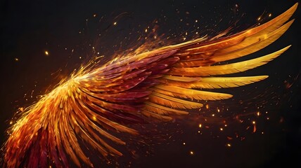 A abstract bird wings flame bold, warm colors deep reds, oranges, and yellows, with hints of glowing embers and sparks background