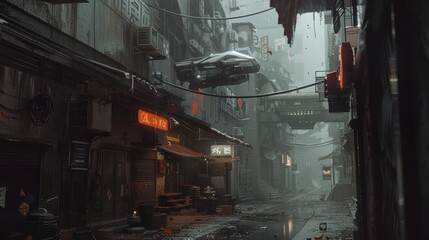 Ruined cyberpunk city setting, damaged AI generated image