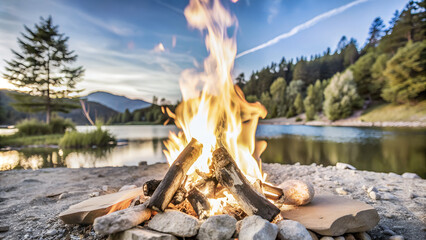 Naklejka premium Photograph a campfire with flames dancing in the twilight
