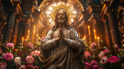 Obraz premium sacred heart of jesus christ statue on church with roses generative art