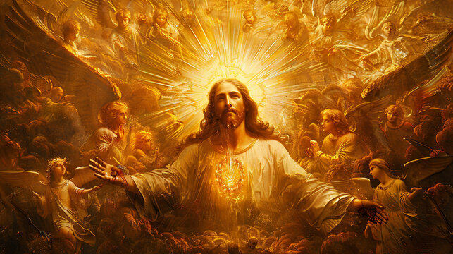 sacred heart of jesus christ on golden background sorrounded by angels generative art