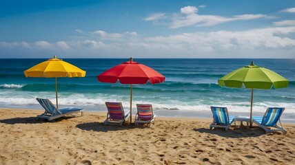 A summer background beach scene with colorful beach umbrellas in red, yellow, blue, and green, backdrop of blue ocean waves and a clear sky