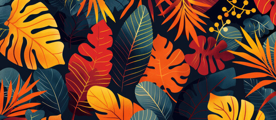 Seamless pattern with tropical leaves in flat design, red, orange and dark blue color palette on dark background