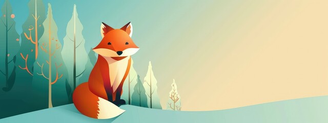 A cute red fox sits in a snowy forest. The fox has a white tip on its tail and is looking at the viewer. The background is a gradient of blue and white. - Powered by Adobe