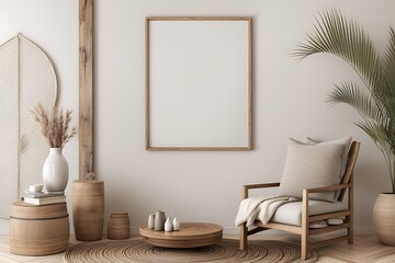 Mockup frame in nomadic boho interior background with rustic decor, 3d render