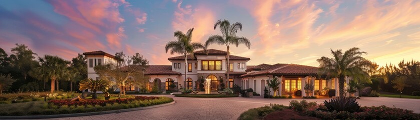 Fototapeta premium A beautiful house with a pool and a garden. The sky is a clear blue and the sun is shining. The house is surrounded by palm trees and flowers.