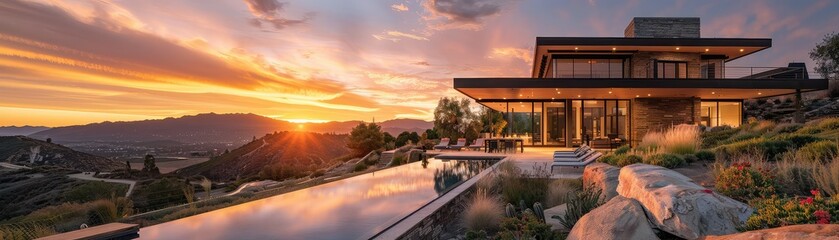 Fototapeta premium A beautiful house with a pool. The house is located on a hill and has a stunning view of the sunset.