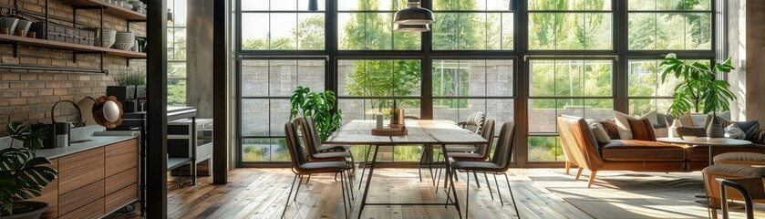 Fototapeta premium A dining room with a large window, a wooden table, and a leather sofa. The room is decorated with plants and has a warm and inviting atmosphere.
