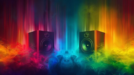 Neon speakers in a colorful smoke cloud for music or technology themed designs
