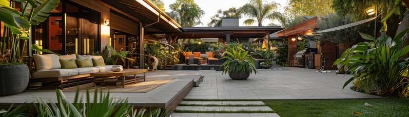 A tropical house with a terrace and a swimming pool. The house is surrounded by palm trees and other tropical plants.