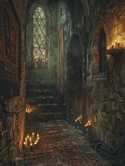Fototapeta premium Explore the eerie dark castle interior with medieval charm, flickering candlelight, ancient tapestries, a sense of mystery and intrigue.
