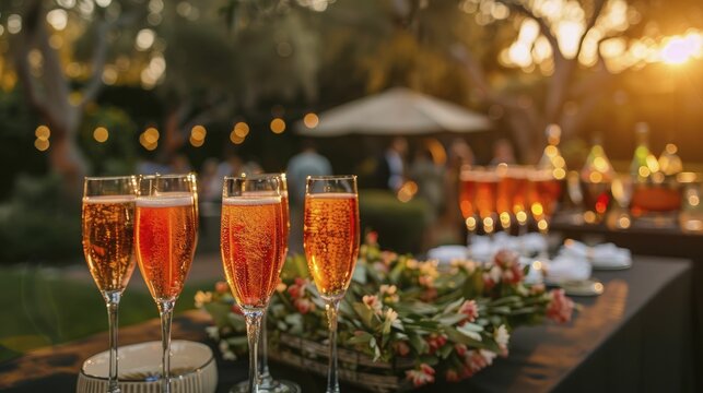 Effervescent champagne party under the stars, sparkling drinks, elegant setting, guests enjoying a luxurious and memorable event