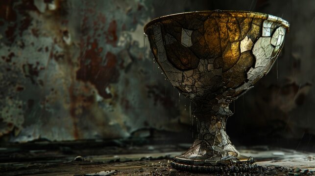Old rusty goblet on a dark abandoned background for gothic designs