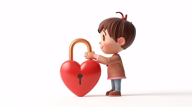 A animated love charm secure love charming animated girl engages with a large heart-shaped padlock, symbolizing love, safety, and emotional connection in a playful and innocent manner.