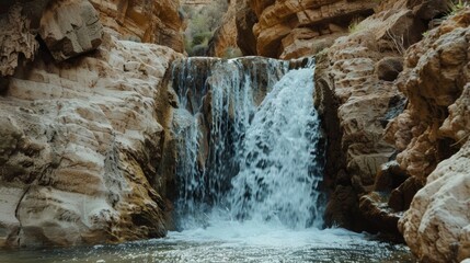 A cascading waterfall in a secluded canyon creating a stunning sight against the backdrop of the arid desert cliffs.