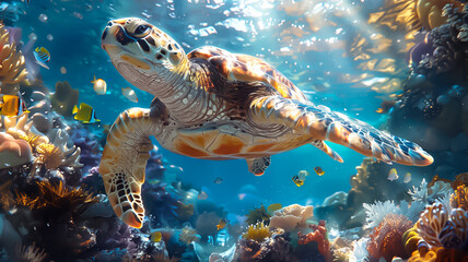 Fototapeta premium 鮮やかなサンゴ礁で泳ぐ海ガメ/Sea Turtle Swimming in a Vibrant Coral Reef generative AI