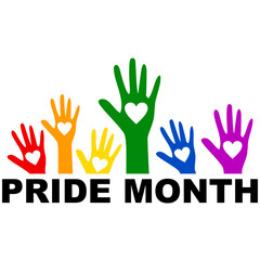 Fototapeta premium Hands up with hearts on Rainbow color. Pride flag illustration. Lgbt community symbol in rainbow colors. Vector backdrop for your design. Charity Silhouette.