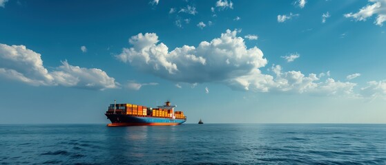 cargo ship with containers on the sea, small boat near it