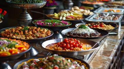 Fototapeta premium A Ramadan iftar buffet at a restaurant, featuring a variety of dishes from Middle Eastern cuisine