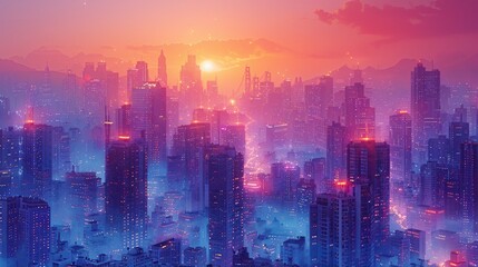 Obraz premium An illustration of city buildings in vibrant colors, predominately blue, purple and orange. 