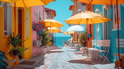 Fototapeta premium Serene Coastal Charm, Vibrant Buildings, Azure Waters, and Sunlit Umbrellas