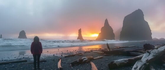  woman's silhouette stands on a beach, surrounded by driftwood and rocks, as waves crash against tall rock spires during a captivating sunrise