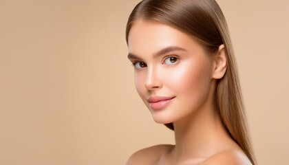 Fototapeta premium Close-up of woman with unmarked skin and beige background