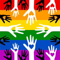 Hands up with hearts on Rainbow flag background. Pride flag illustration. Lgbt community symbol in rainbow colors. Vector backdrop for your design. Charity Silhouette.
