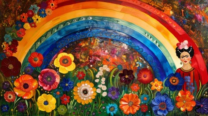 Rainbow Over A Field Of Flowers For A Happy And Joyful Occasion