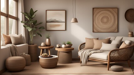 Mockup frame in nomadic boho interior background with rustic decor, 3d render