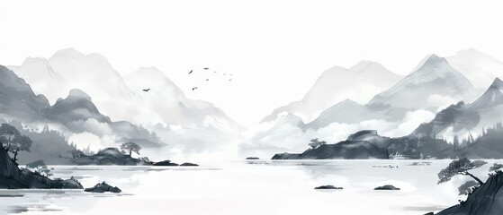 Obraz premium mountain view and river watercolor paint, white background