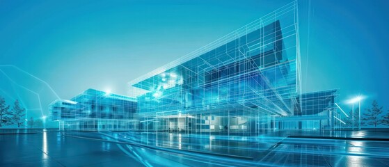 digital building with lines and white dots, representing the modernization of construction technology in architectural design