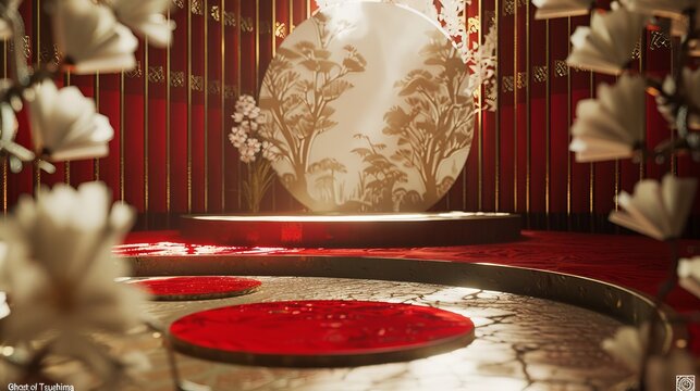 Red and gold floral decoration with a round platform for special events