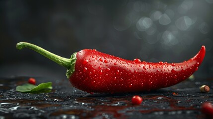 Macro shot of a red chili pepper's surface, capturing the intricate texture and vibrant color, isolated on a dark background, ideal for culinary advertising