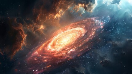 Obraz premium Imaginative celestial scene featuring a spiral galaxy, ethereal cloud formations, and vibrant star fields creating a surreal ambiance