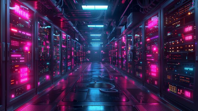 Immersive server room of the future, featuring AI-driven control panels, holographic assistants, and an array of vibrant, glowing server racks