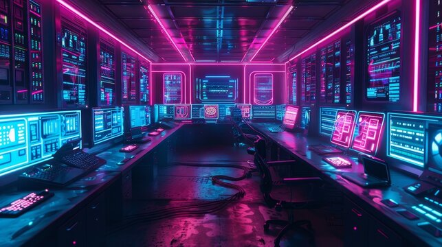 High-tech server room in a cyberpunk style, vibrant neon lights, holographic screens displaying complex data, and sleek, cutting-edge technology