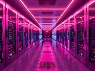Futuristic server room filled with glowing fiber optic cables, advanced AI interfaces, and sleek, minimalist design, radiating a high-tech ambiance