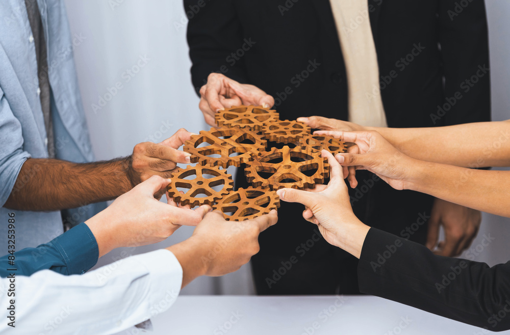 Poster business team joining cogwheel in circular together symbolize successful group of business partnersh