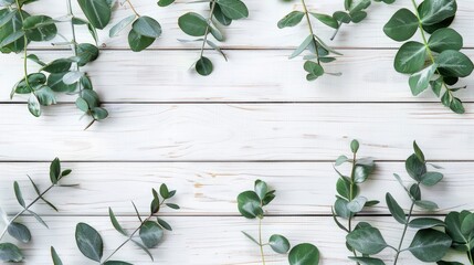 Eucalyptus branches and leaves on wooden rustic white background. Minimal background eucalyptus on white board. Flat lay, top view, copy space, generative ai