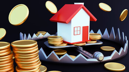 3d rendering of an isolated house  on top of a trap with stack of gold coins suggesting risk  in real estate in the black background
