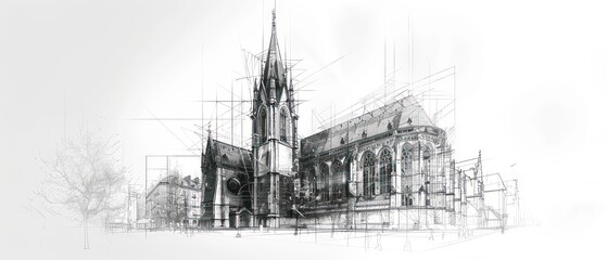pencil drawing, Gothic architecture rises from the page with intricate arches and ornate details, set against a clean white backdrop