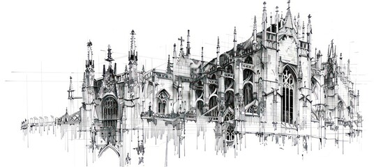 pencil drawing, Gothic architecture rises from the page with intricate arches and ornate details, set against a clean white backdrop