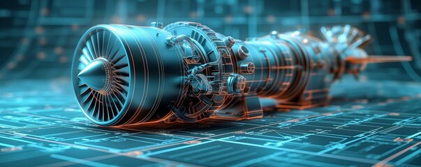 Futuristic jet engine design on blueprints