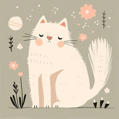 Obraz premium Adorable Hand-Drawn Fluffy White Cat with Pink Cheeks and Floral Elements on Light Green Background - Cute Animal Illustration for Nursery Decor