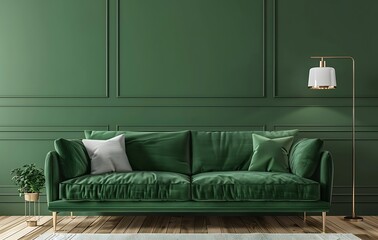 Modern interior design of green living room with sofa and floor lamp against empty wall mock up,