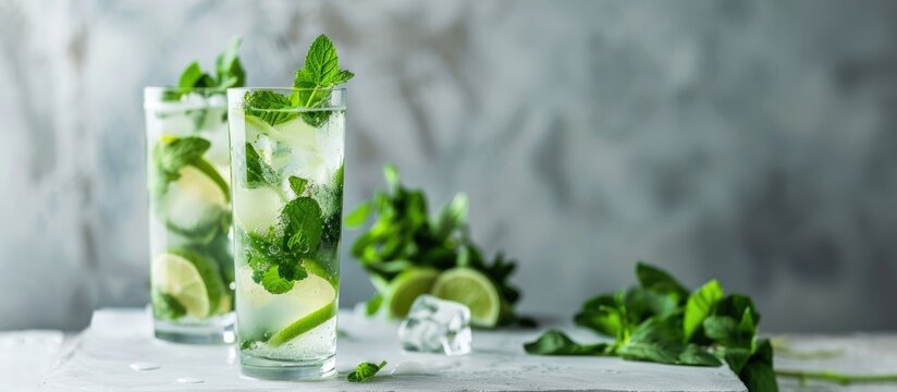 Refreshing Mojito Cocktail with Rum, Spearmint, Lime, and Soda served in Highball Glasses on a White Concrete Table.