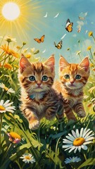 Two tabby kittens play in a sunny meadow filled with wildflowers and butterflies
