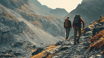 Obraz premium Two men are hiking up a mountain, one of them carrying a backpack