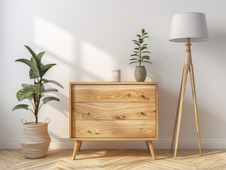 A wooden dresser with three drawers is placed, 3d render 